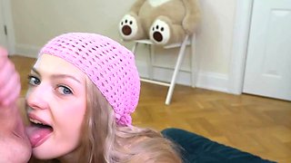 Blonde Babe Licks and Swallows Her Roommate Thick Cock