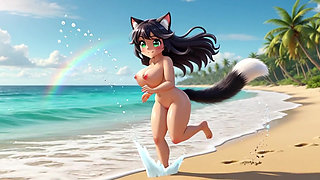 Two gorgeous voluptuous neko girls relaxing completely nude together on sunny tropical beach paradise