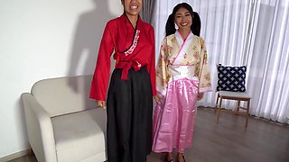 Two horny Asian sluts with big boobs and asses share my cock