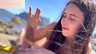 Hot Latina Teen Sandralydx Gives Handjob on Beach - POV Cumshot in Mouth
