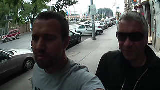 Old & Young - Busty Brunette Gets Fucked by Two Guys in Public, Watch Her Moan!