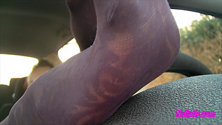 Nyllady's Footjob to Gearshift and Wheel in Patterned Pantyhose