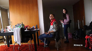 Francys Bell gives a blowjob and footjob to Andrea Dipre