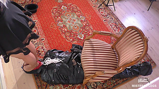 Femdom Session with Slave in Bondage Bag - Part 2 - Trampling and Foot Gagging in Nylons