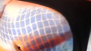 Busty curly brunette with big boobs fucks on couch