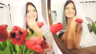 Blonde and Brunette Sluts Eat Pussy Backstage Before the Wedding