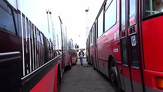 Hot Blonde Pees Between Two Buses