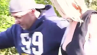 German Babe Sucks 2 Guys Outside Til They Cum in Her Mouth