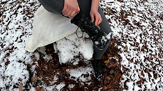 Throwing Snow Balls on Her Naked Pussy - Whole Girl Naked in Winter Wonderland